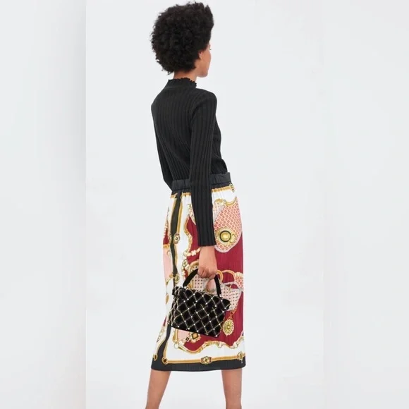 Zara Chain Print Pleated Midi Wrap Skirt, Size L-XL - Picture 4 of 14